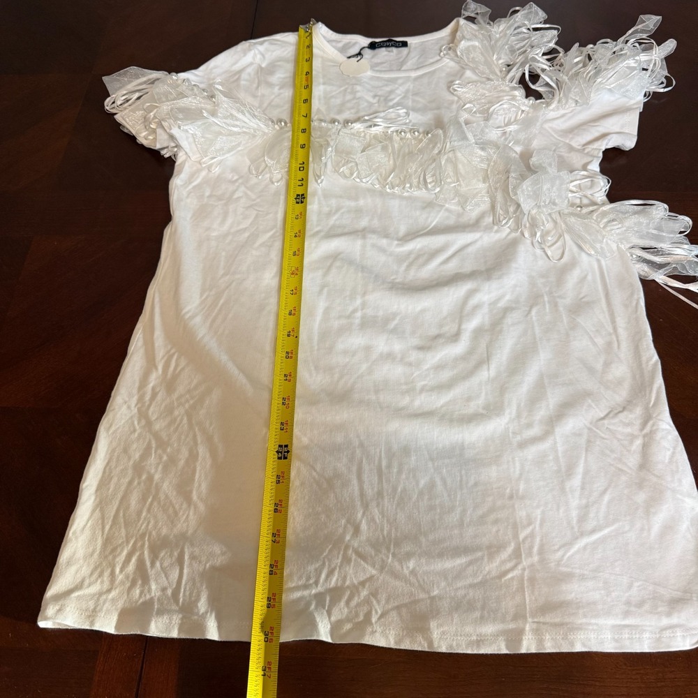 White‎ Ruffle Pearl Embellished Top Romantic Statement Elegant Feminine Blouse M - Picture 7 of 9